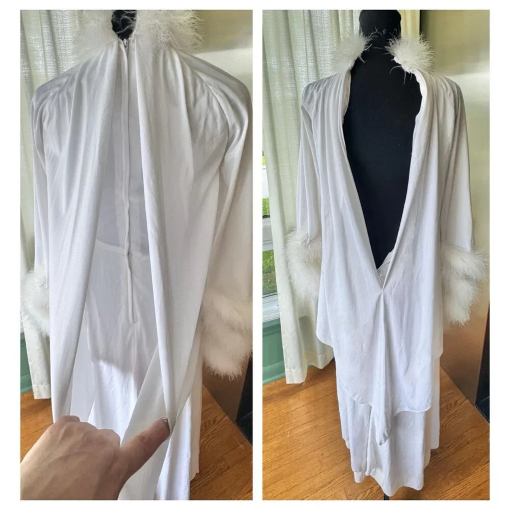 RARE vintage 1970s peignoir, marabou feather trim, angel sleeves, glam Hollywood - Picture 6 of 9